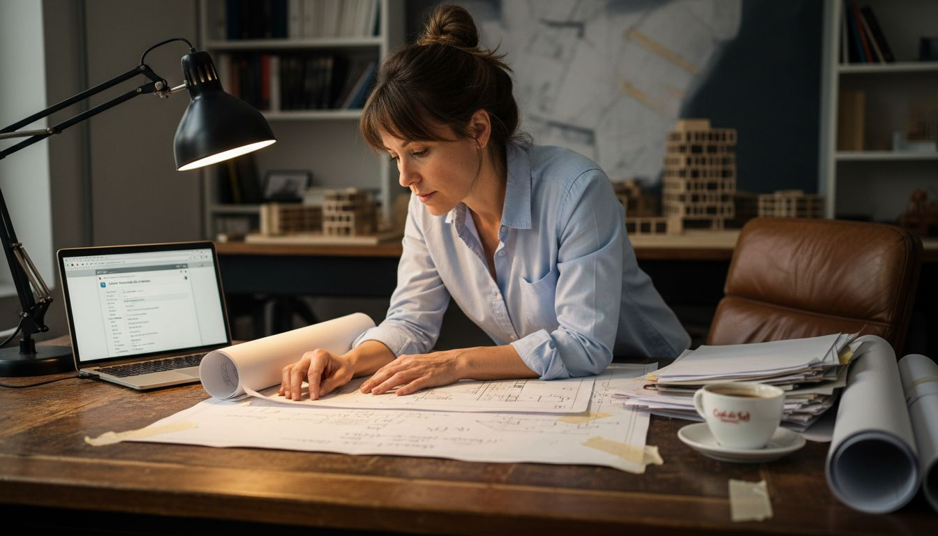 Una ingeniera analiza detalladamente planos y gestiona permisos desde su oficina.