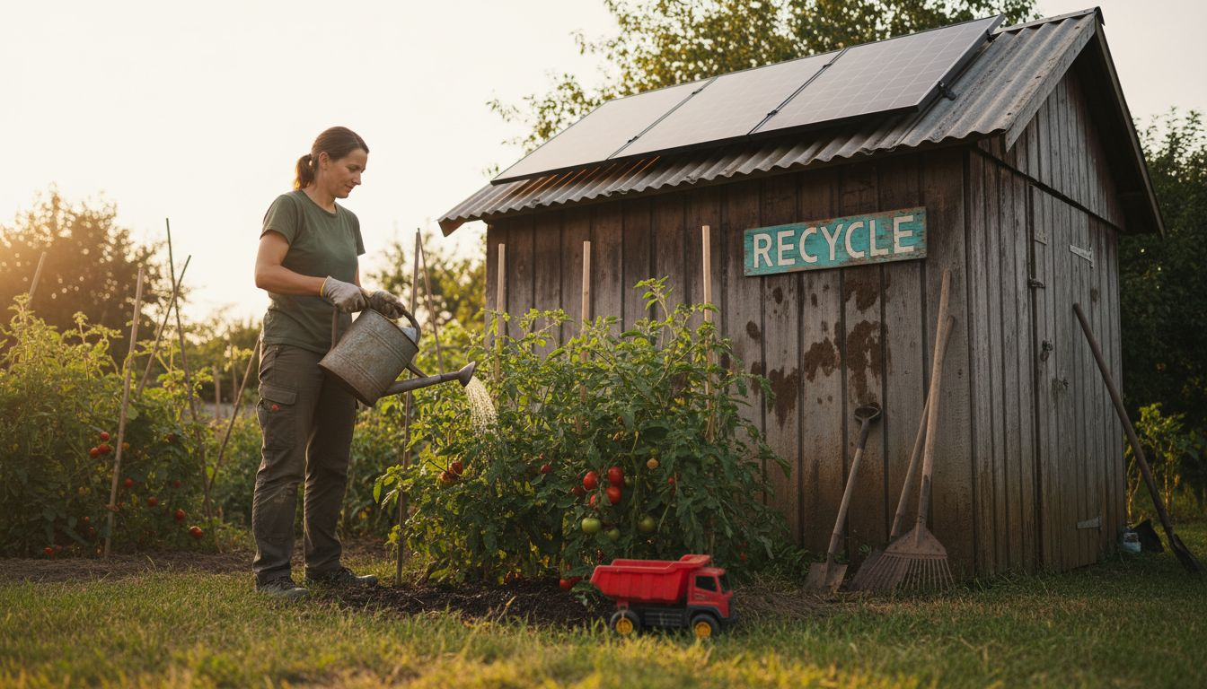 Woman gardening near solar-equipped shed