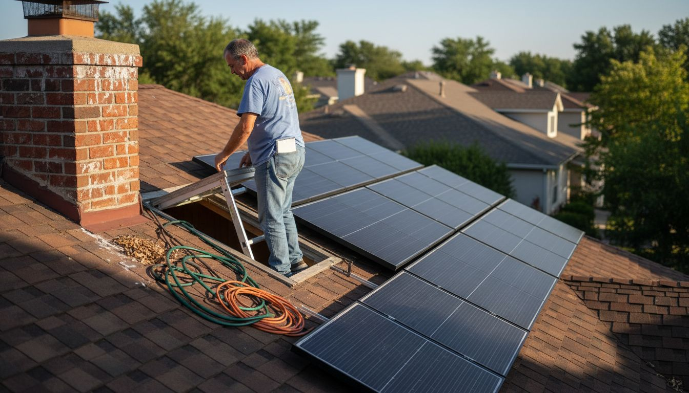 Homeowner inspecting rooftop solar panels