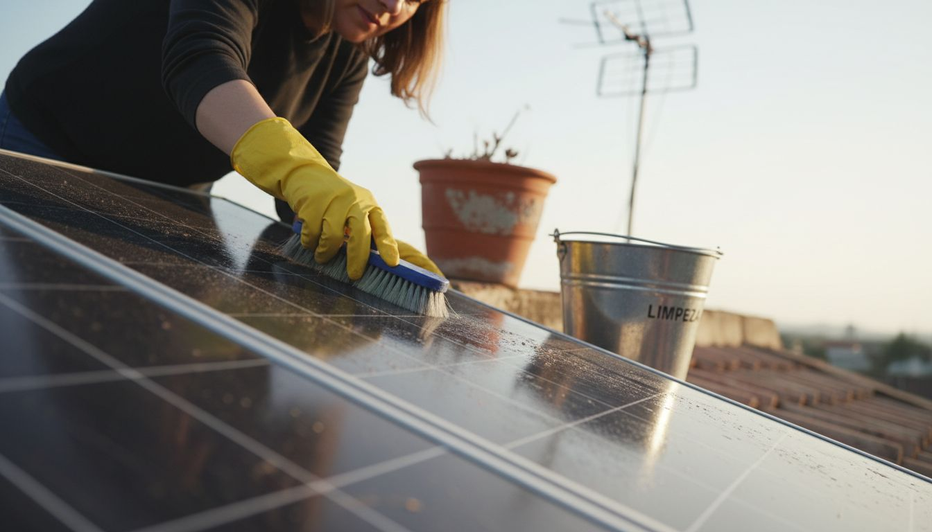 Mujer limpiando un panel solar manualmente