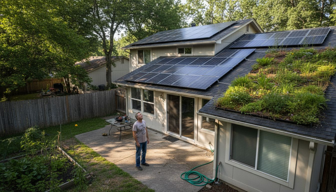 Homeowner viewing sustainable roof with solar panels