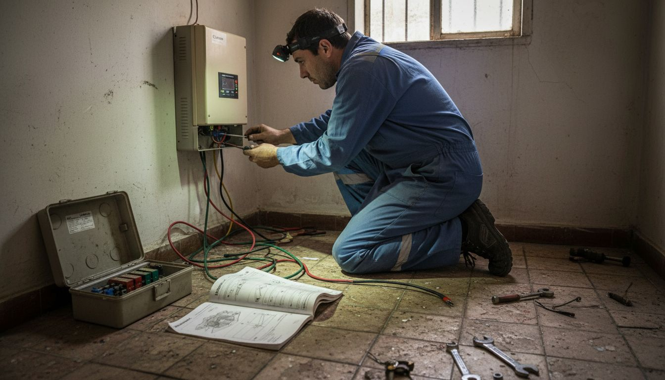 Un técnico realiza una revisión del inversor solar instalado en el trastero de una vivienda.