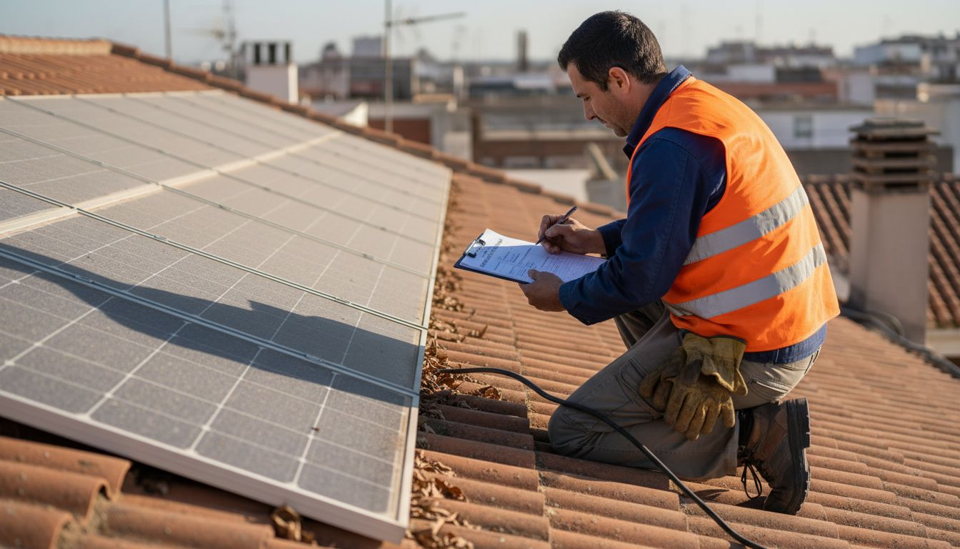 Un técnico revisa las instalaciones de paneles solares mientras toma notas en una carpeta.