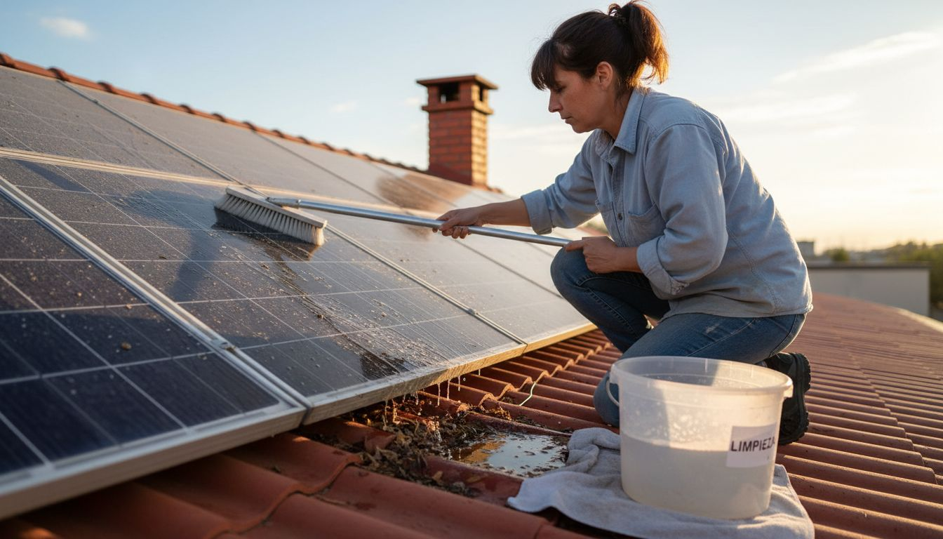 Una mujer limpia los paneles solares del tejado con una escoba.