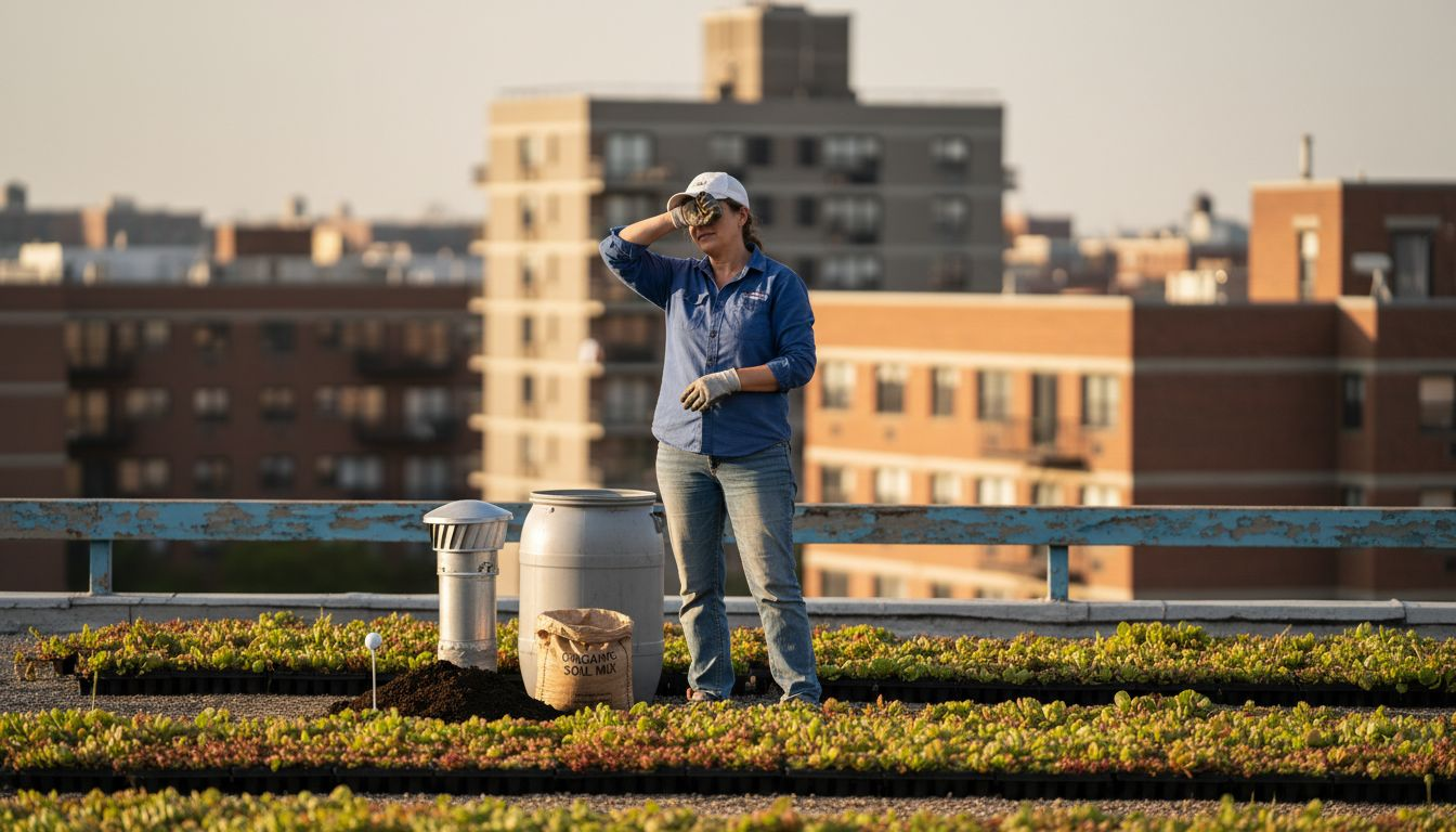 Worker checking insulation on living green roof