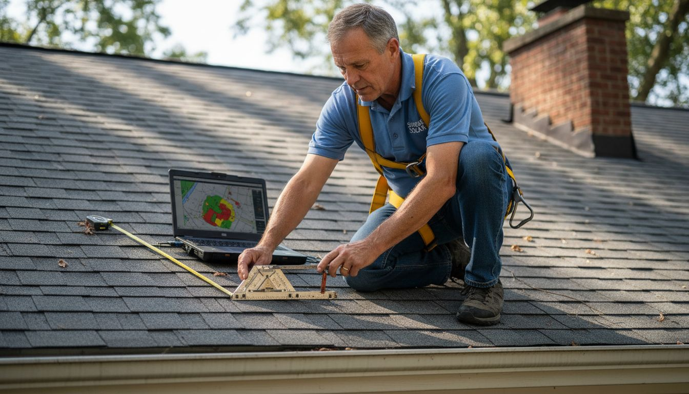 Technician analyzing roof orientation for solar