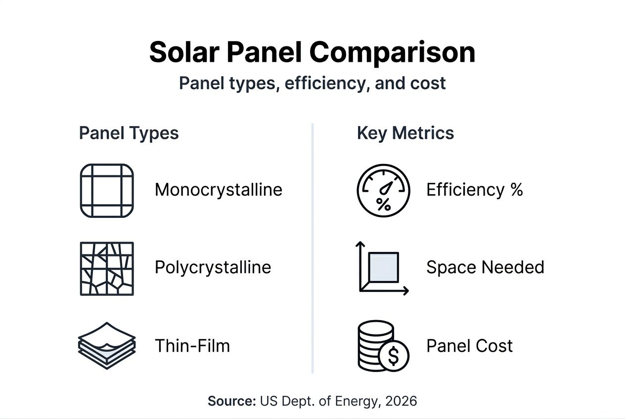 Infographic comparing solar panel types and metrics