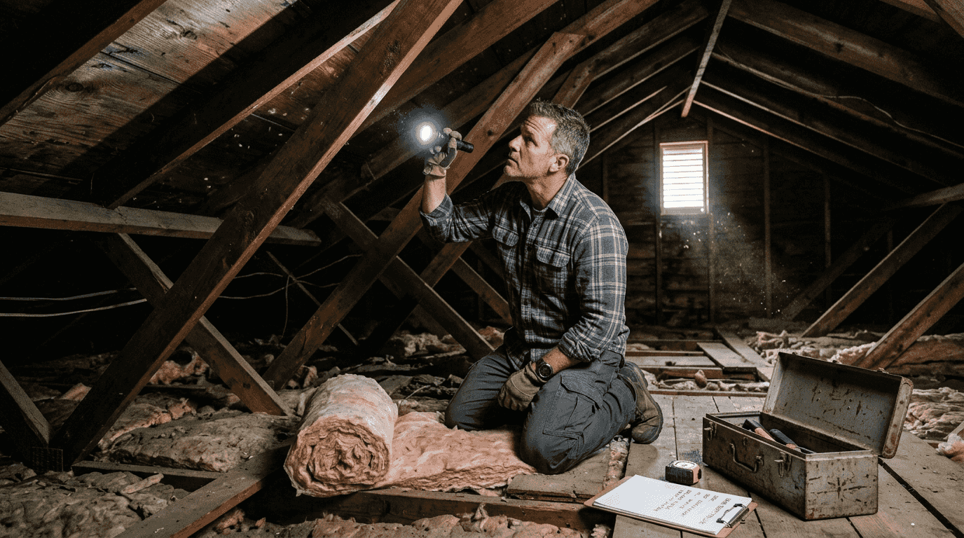 Inspector checking roof insulation in attic