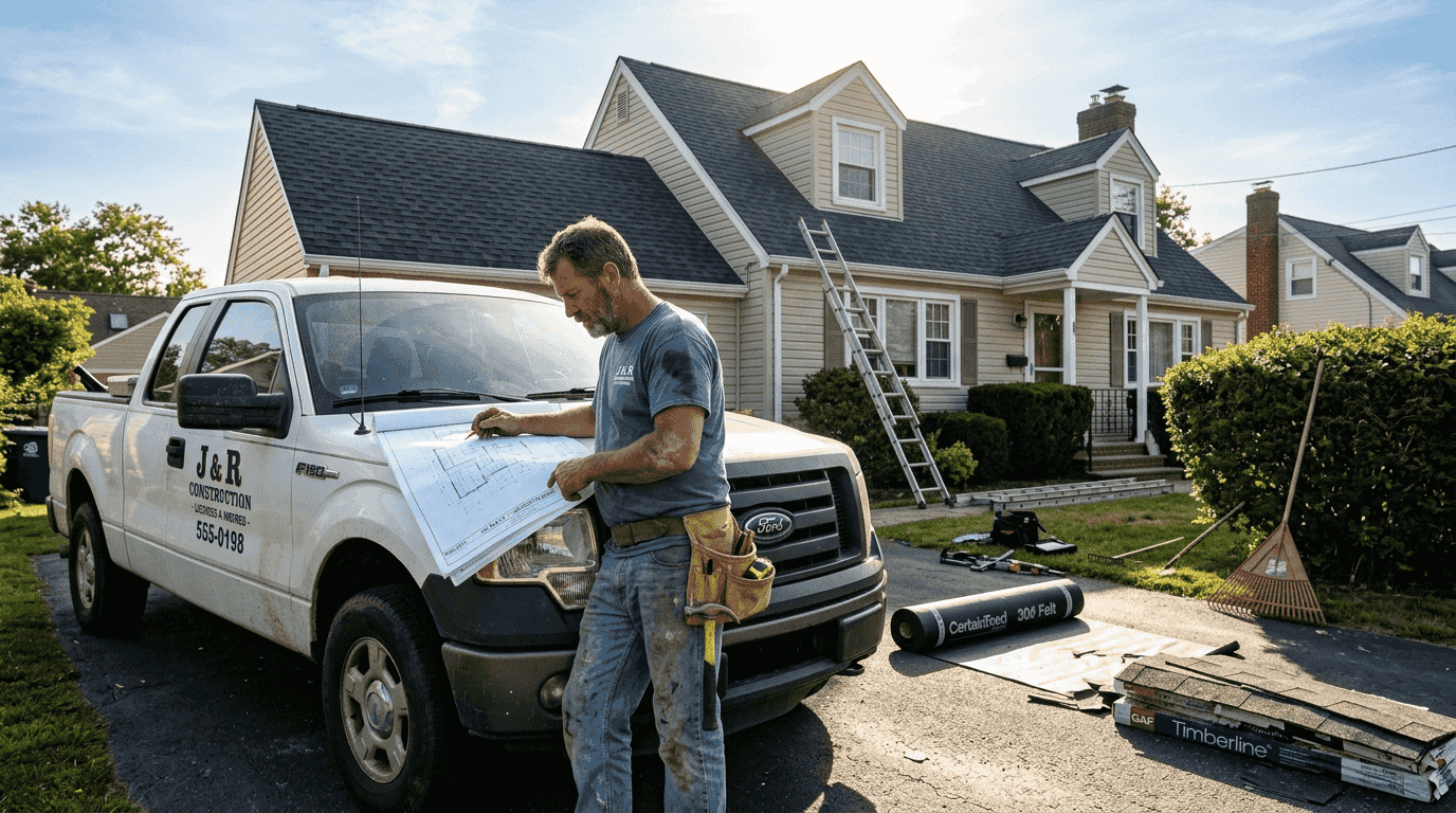 Contractor planning roof installation at house