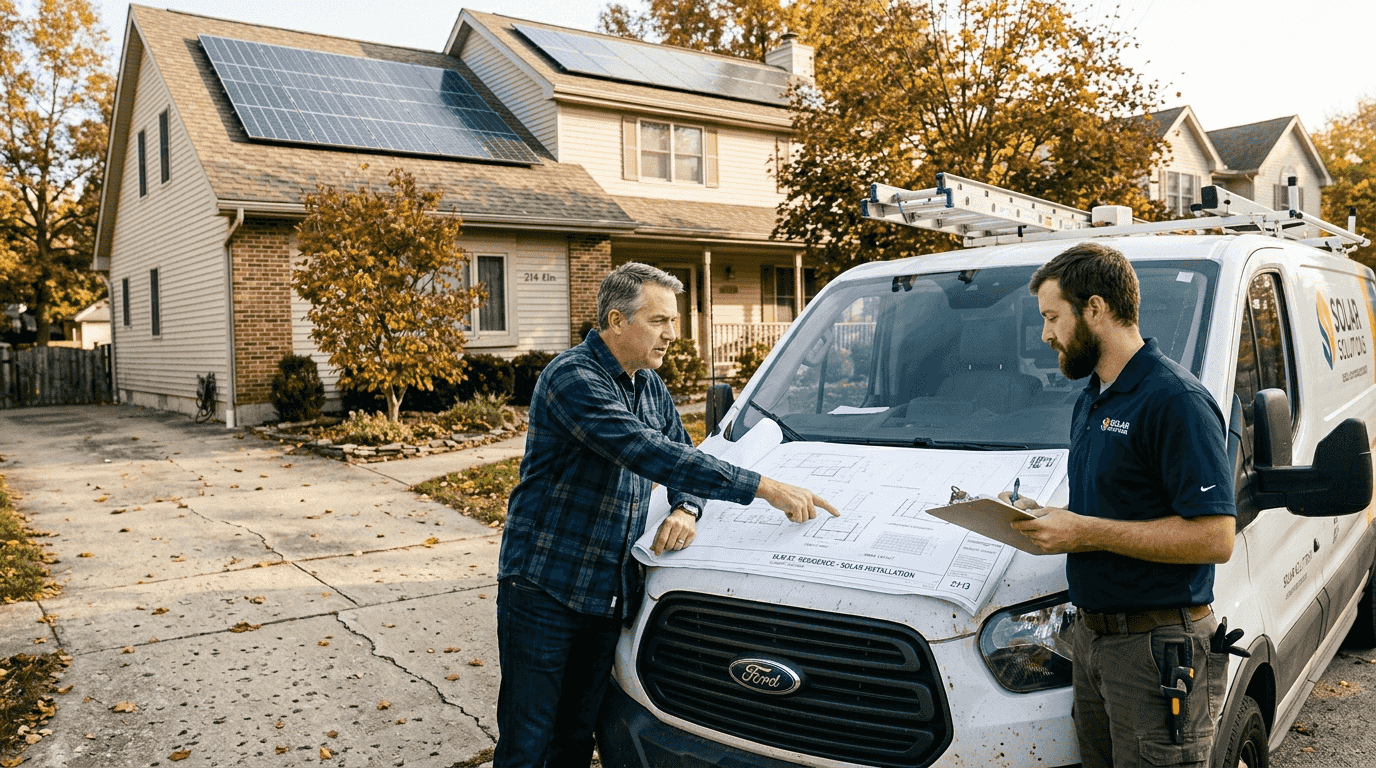Homeowner discussing plans with solar installer