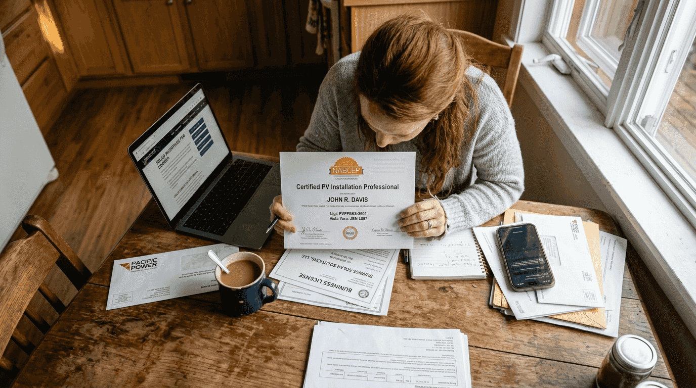 Homeowner verifying solar installer credentials