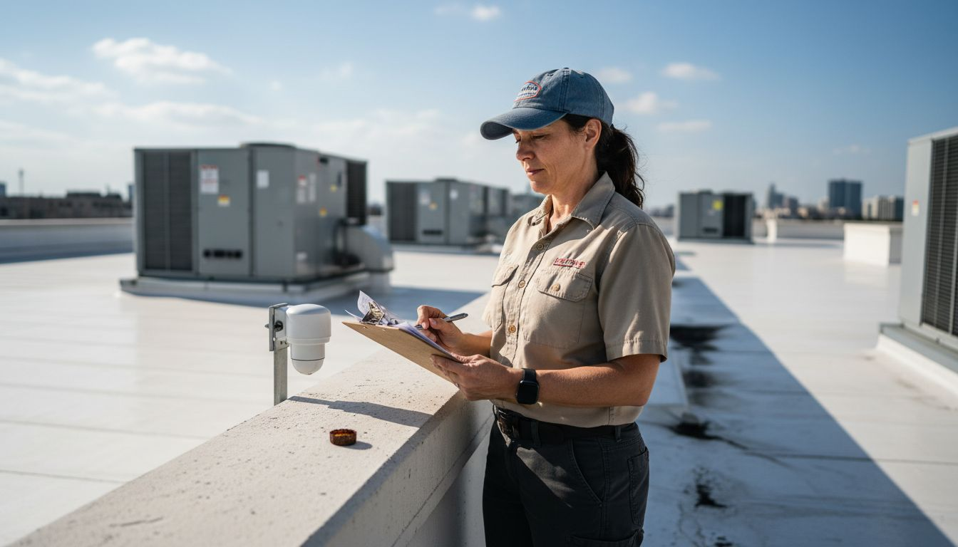 Manager assessing energy-saving white reflective roof