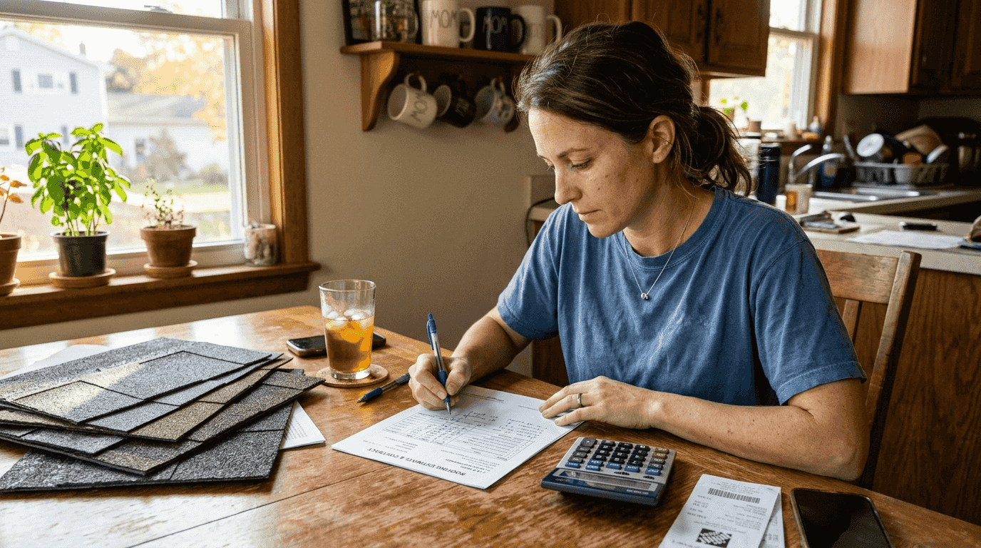 Woman estimating roofing material costs at table