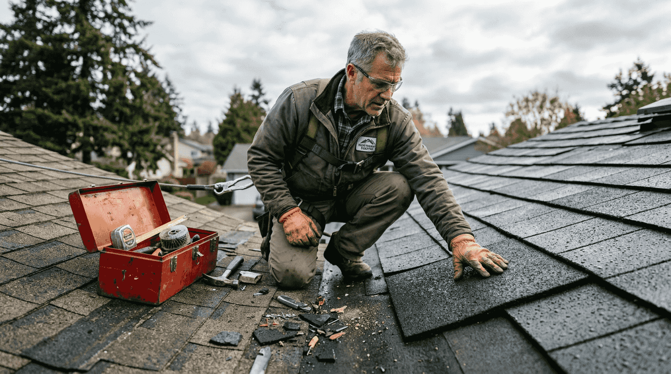 Installer checks recycled rubber roof tiles