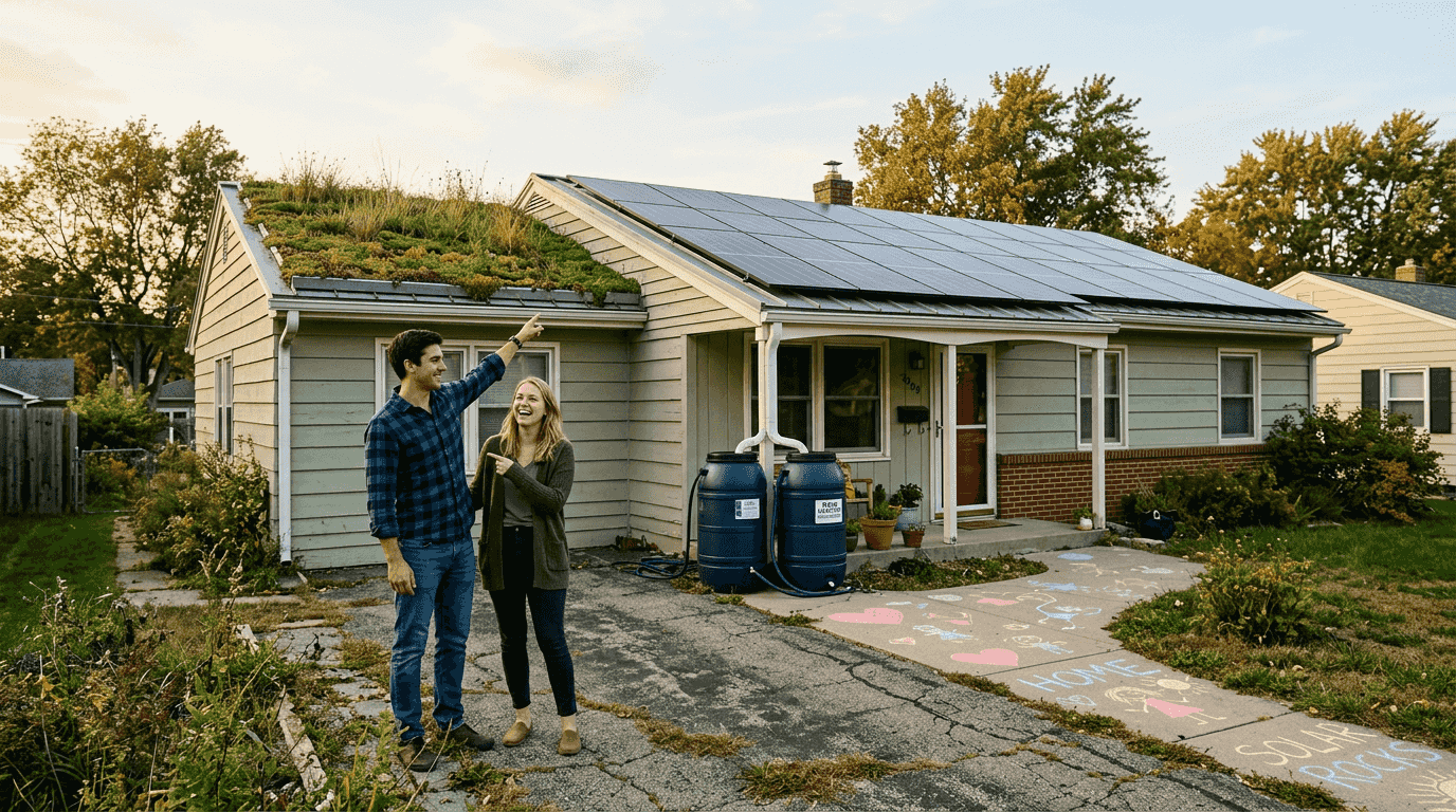 Home with eco-friendly solar and green roof
