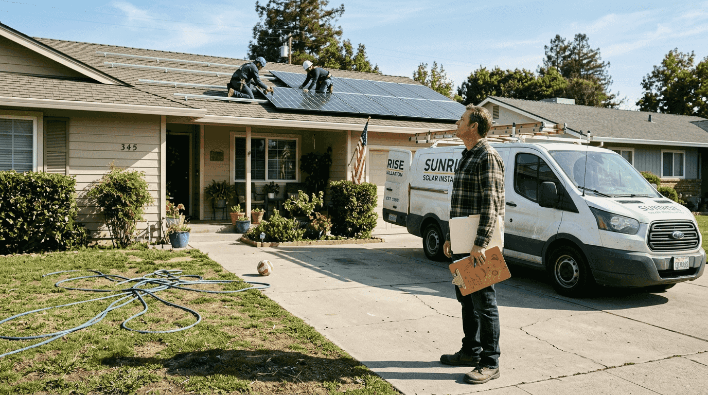 Homeowner observing rooftop solar installation scene