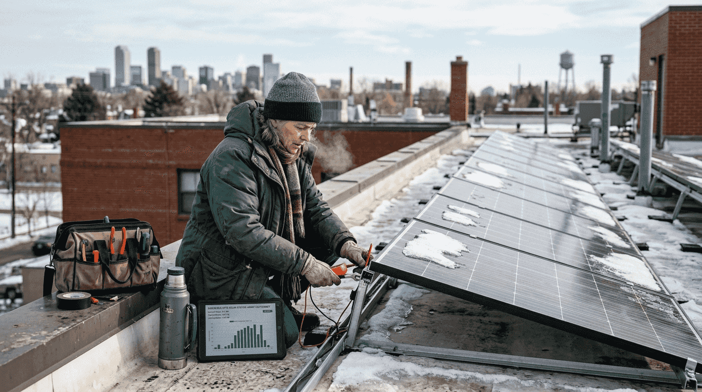 Technician inspecting rooftop solar panels in winter