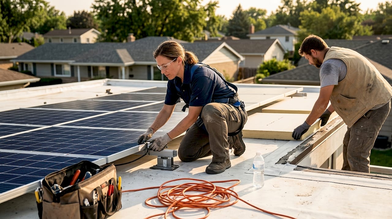 Solar installer and assistant fitting roof insulation