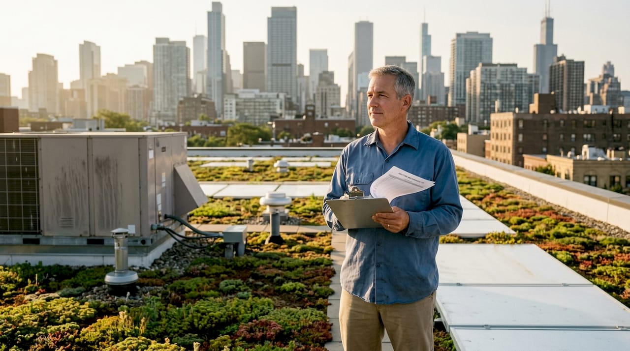 Manager surveys sustainable urban rooftop at sunrise