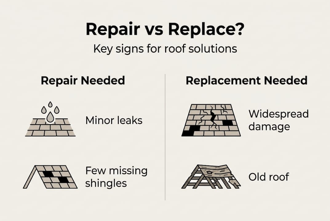 Infographic comparing roof repair and replacement