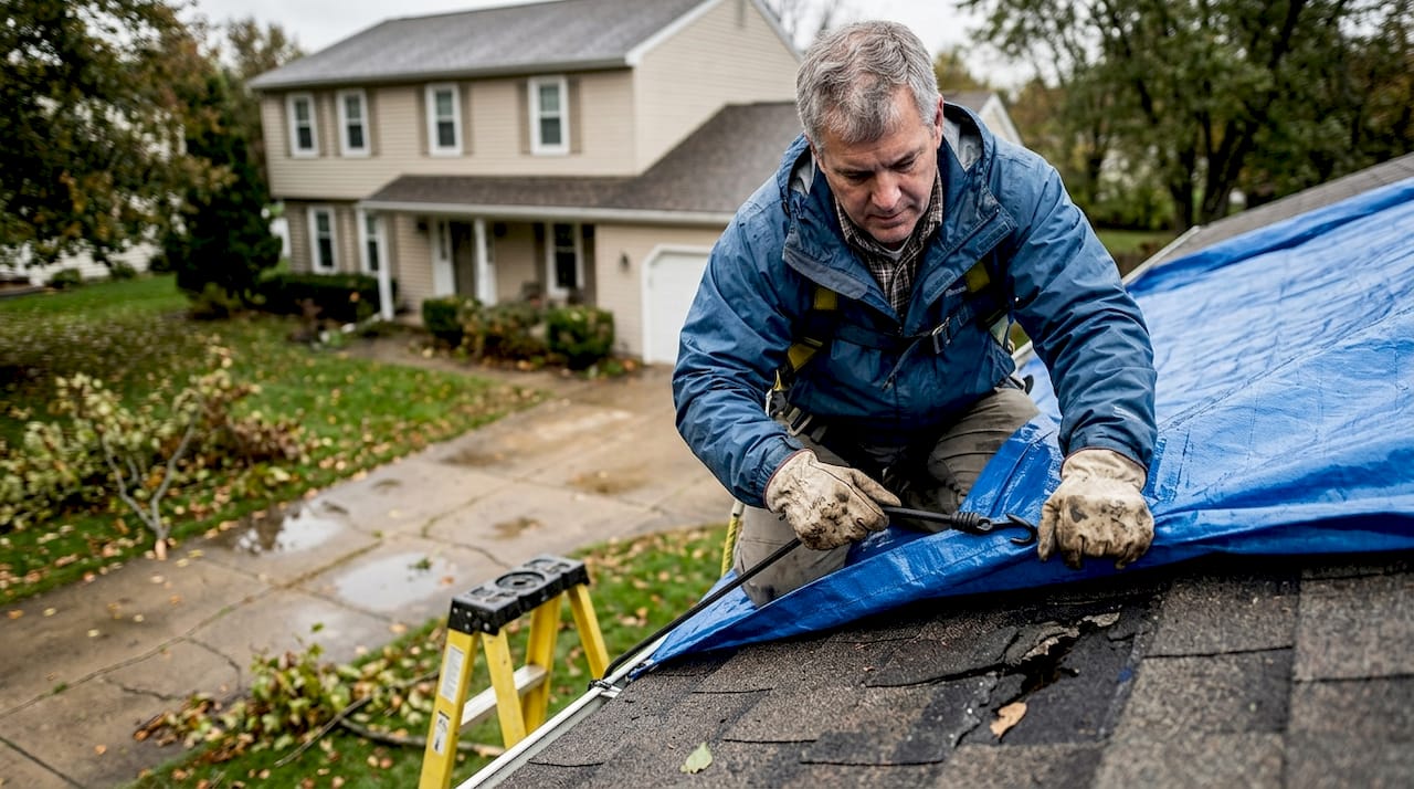 Homeowner covering roof with emergency tarp