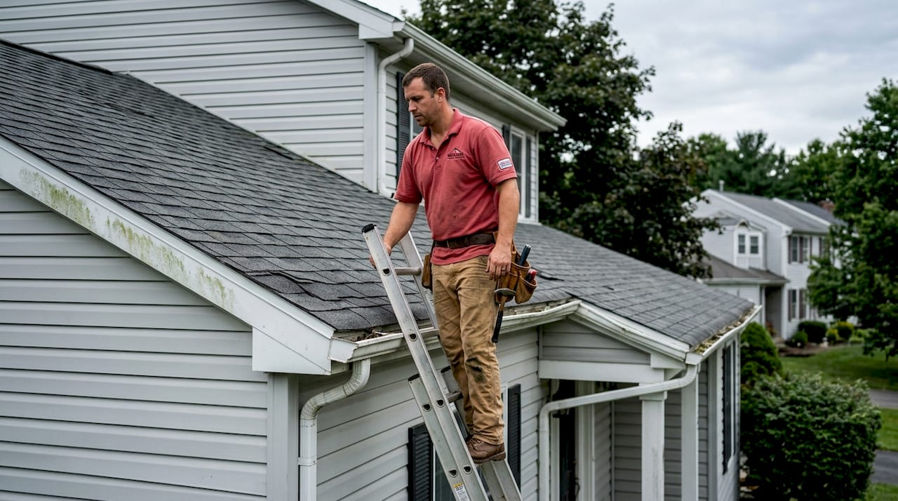 Roofing contractor inspecting damaged house roof