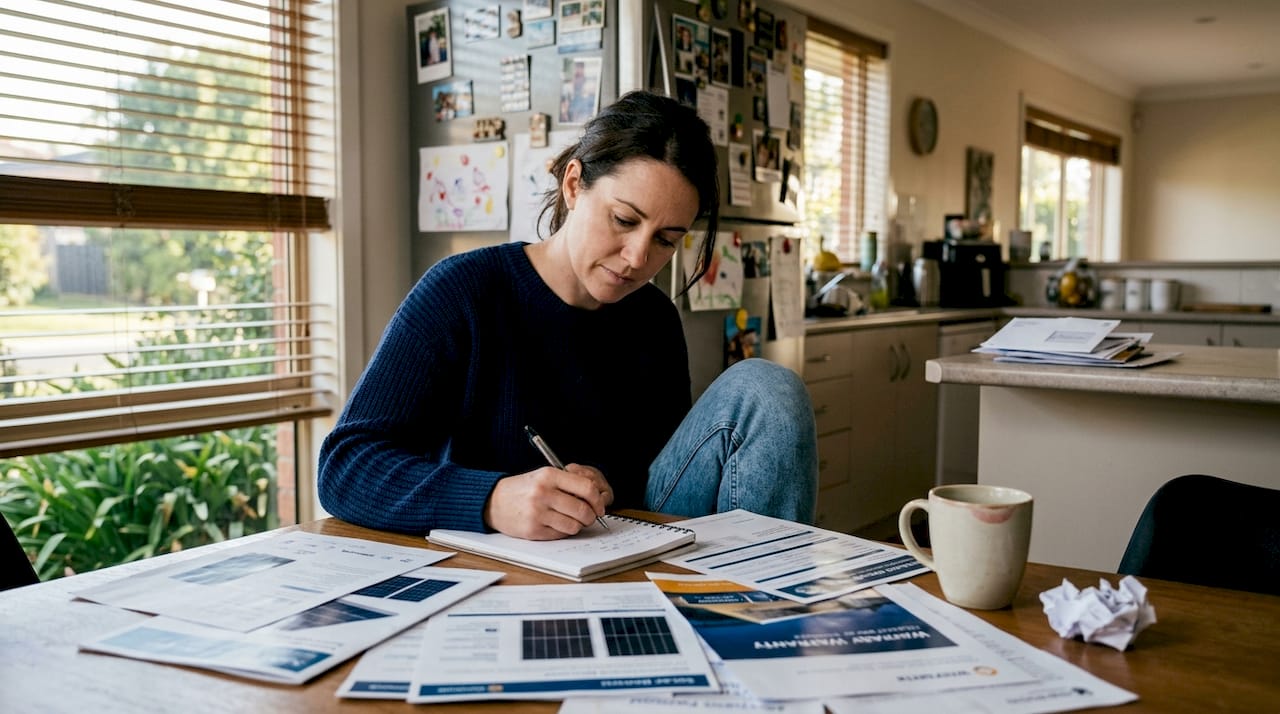Homeowner reviews solar panel datasheets at table