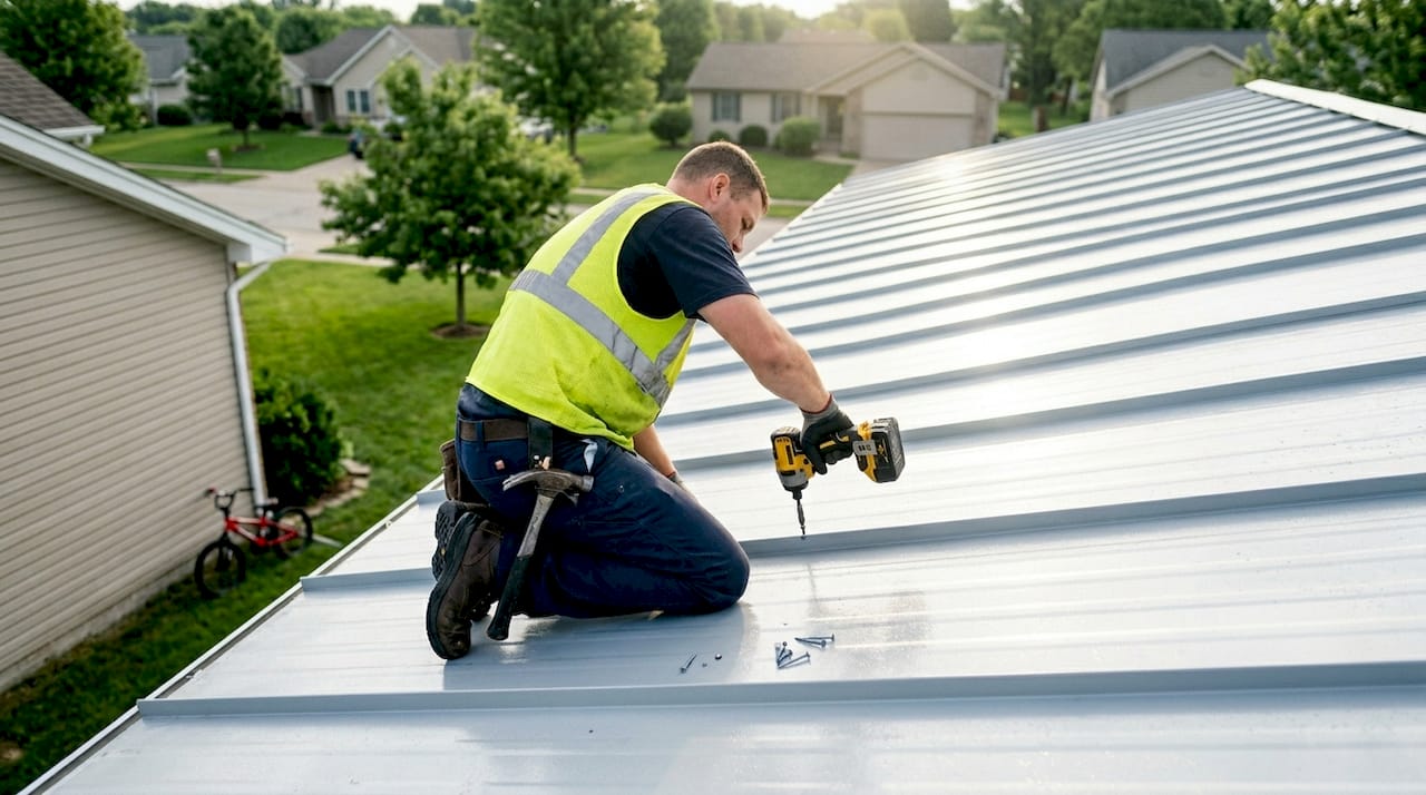 Contractor installing metal energy-efficient roof