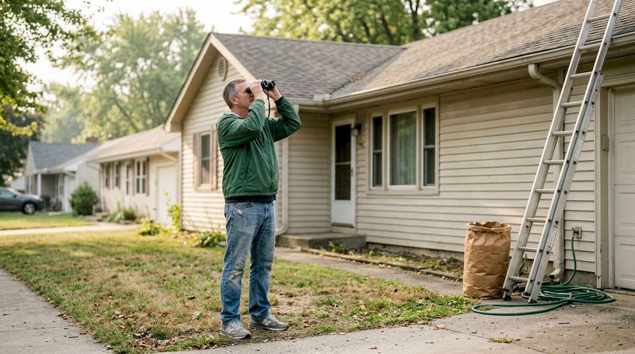 Homeowner examining residential roof for repair