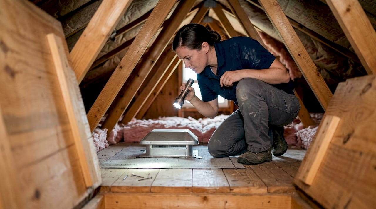 Contractor inspecting attic ventilation under roof
