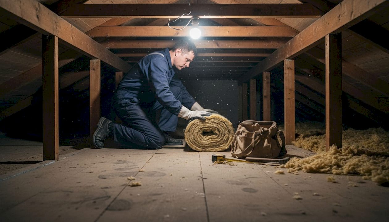 Installer adding insulation in attic space