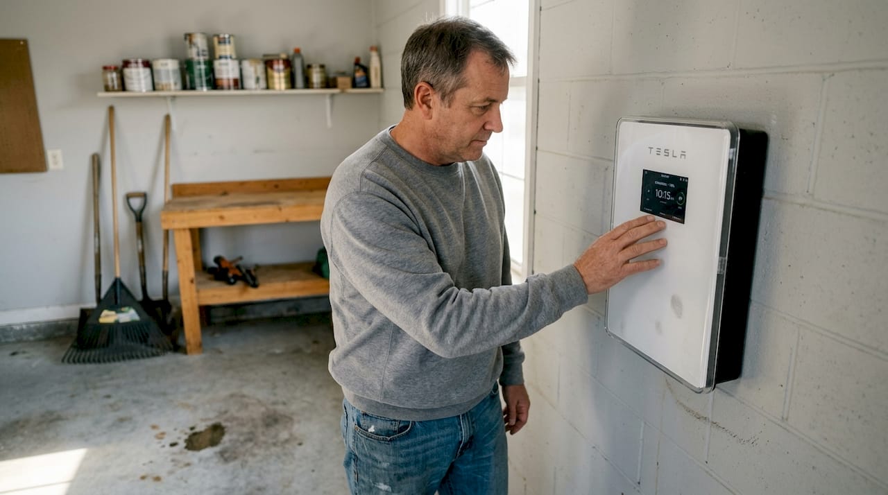 Homeowner checking solar battery unit in garage