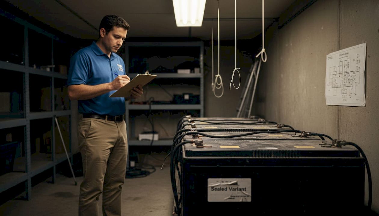 Manager inspecting lead-acid solar batteries