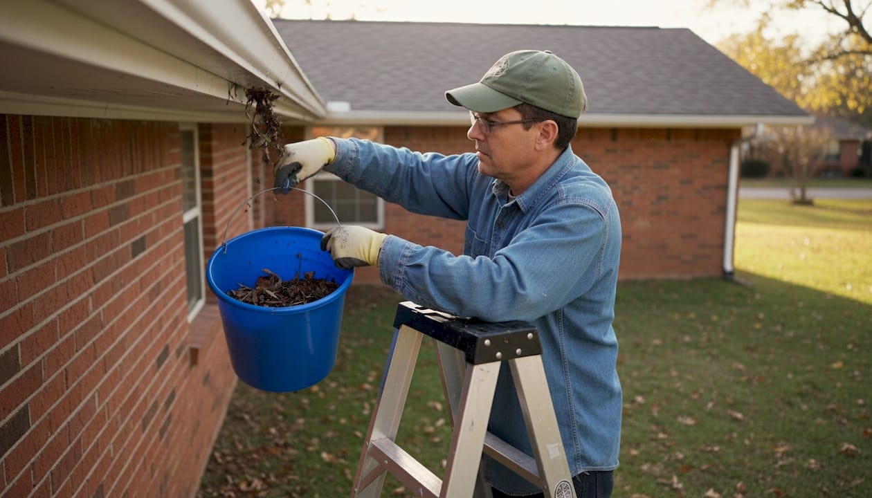 Homeowner cleaning gutters with stepladder