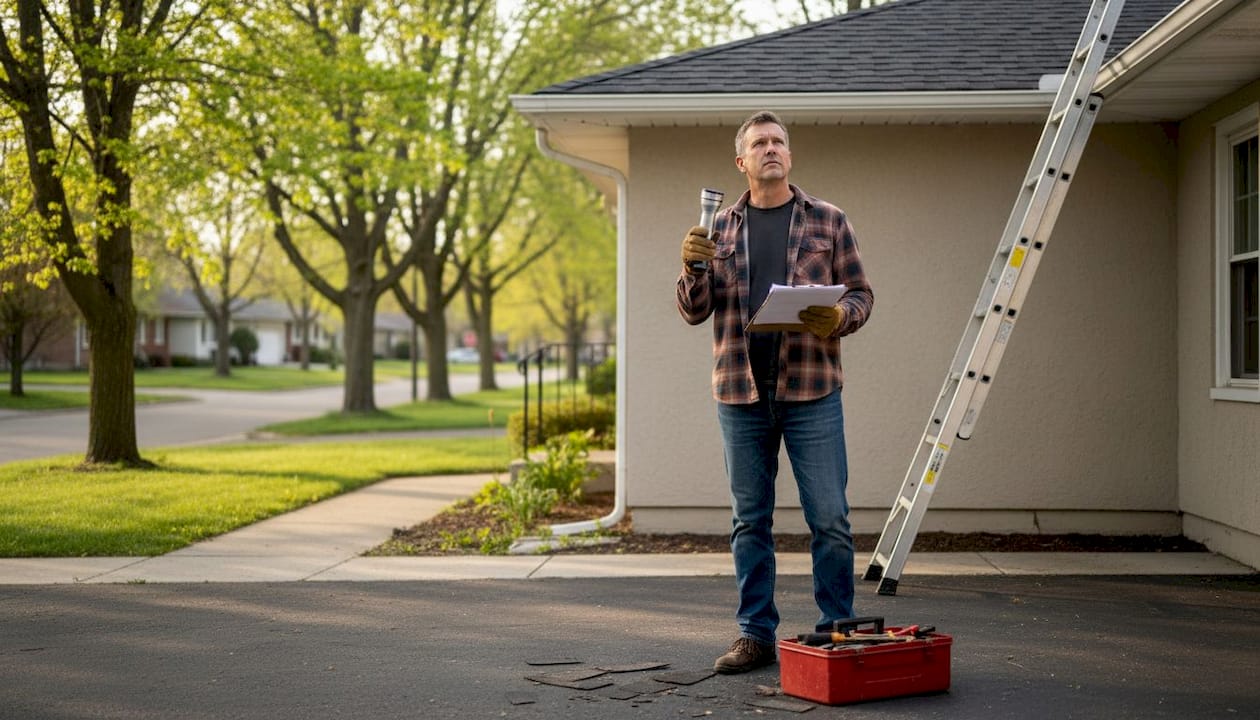 Homeowner inspecting roof with tools