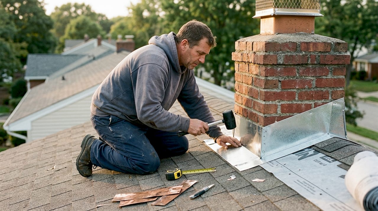Contractor installing flashing on chimney