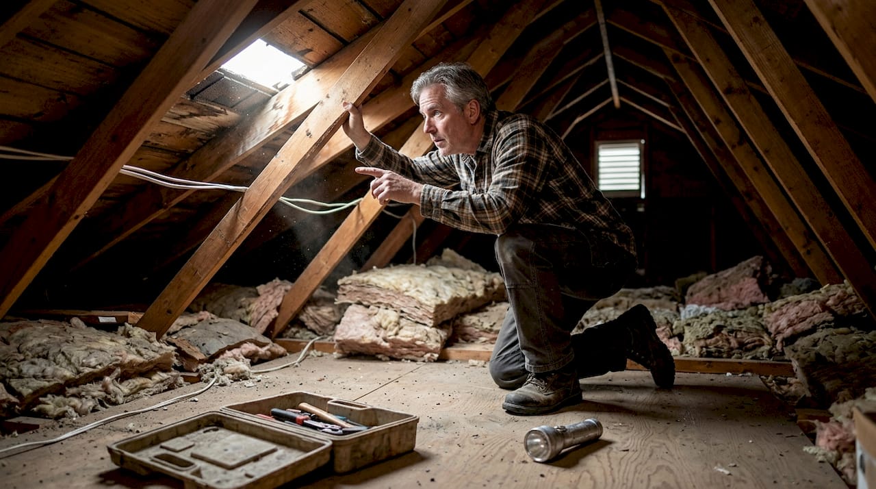 Homeowner inspecting old roof in attic