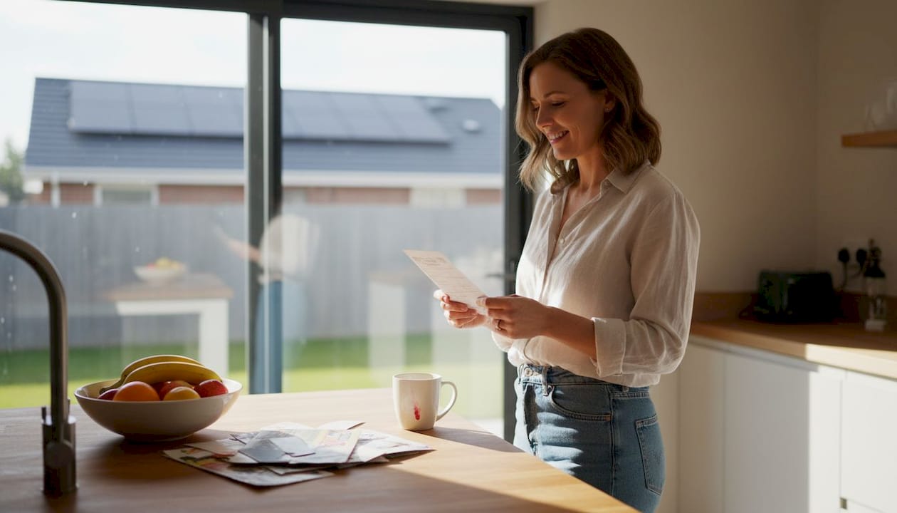 Woman viewing energy bill new roof solar