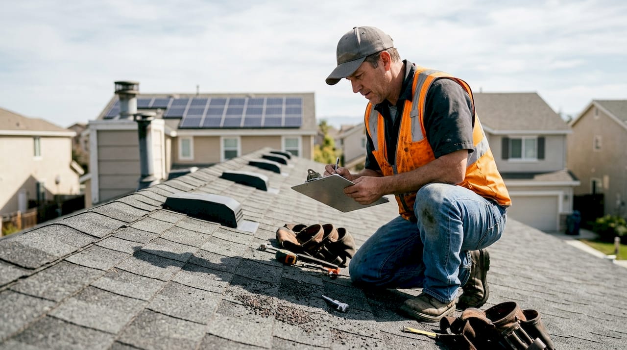 Contractor inspecting shingles for solar panel installation