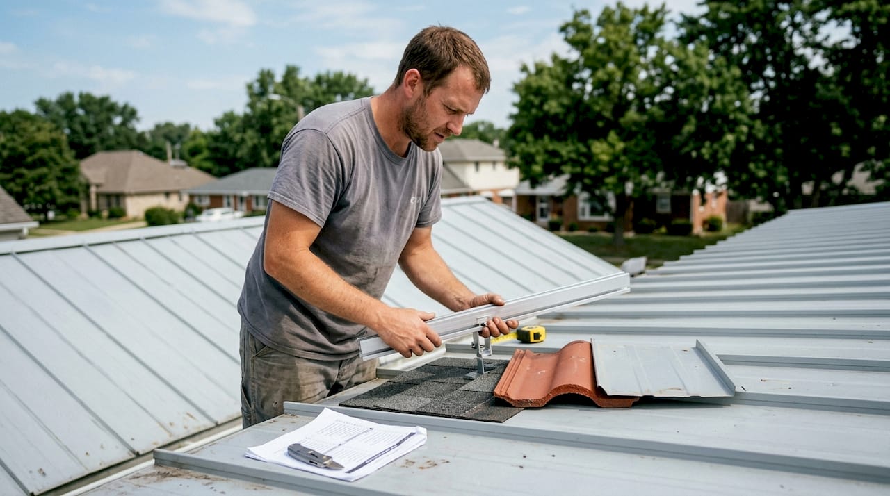 Roofer comparing roof types for solar mounting