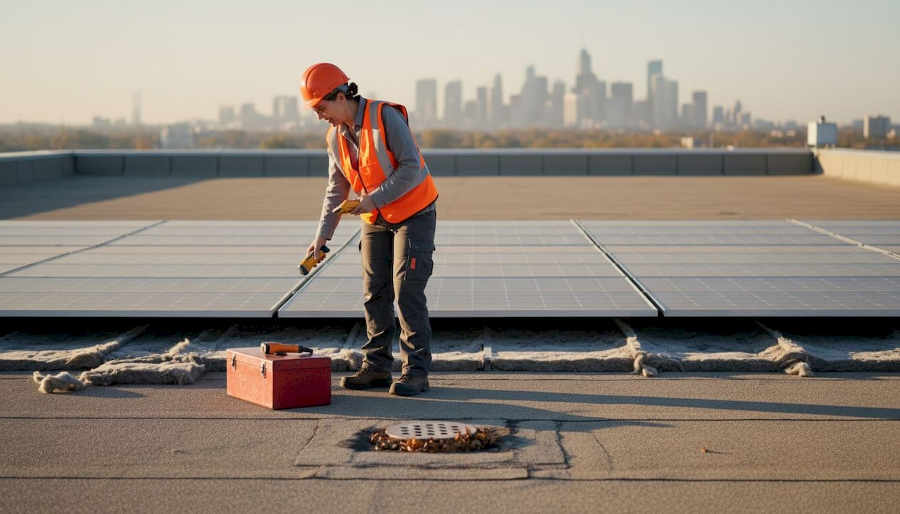 Technician inspects rooftop solar and insulation