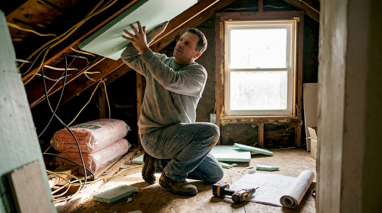Contractor installing attic roof insulation