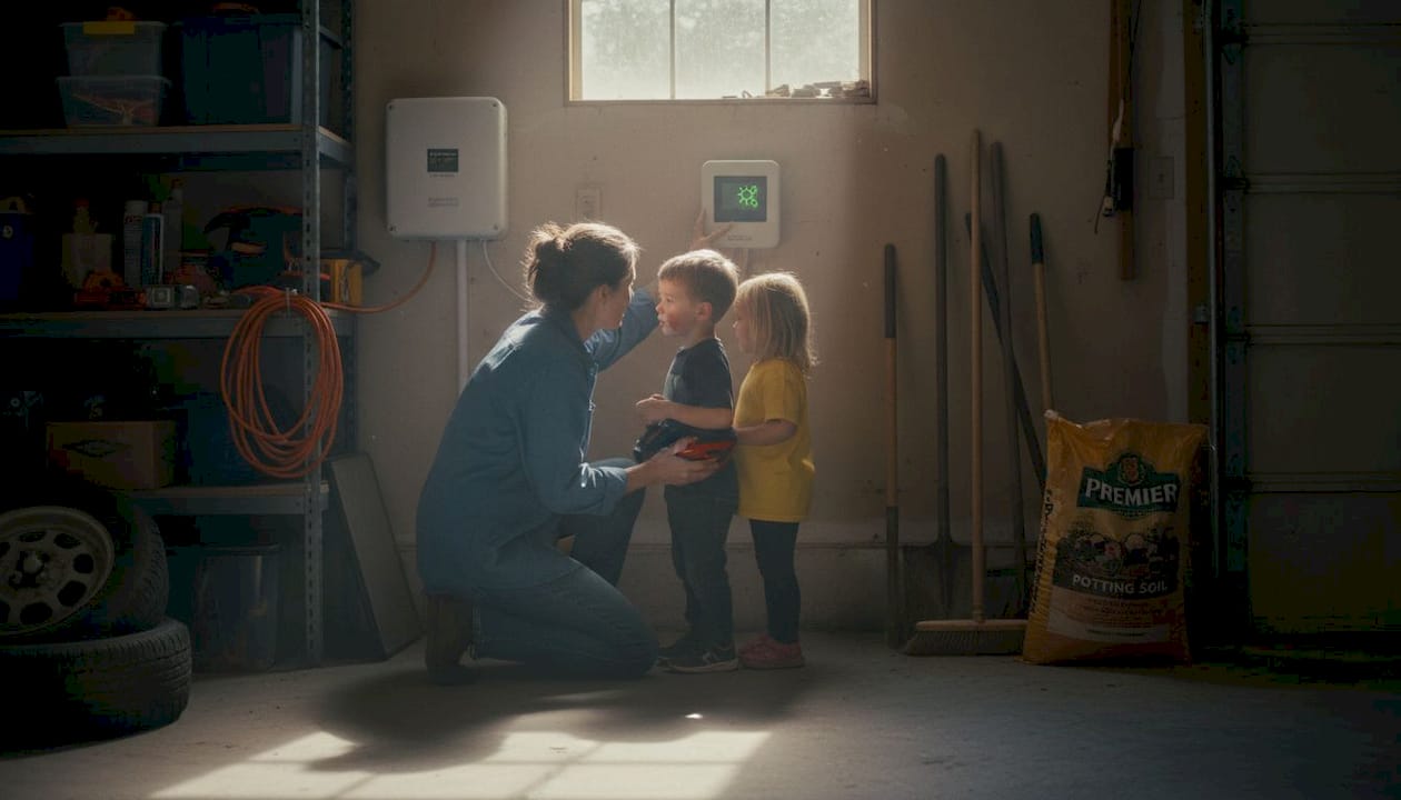 Family checking solar power inverter in garage