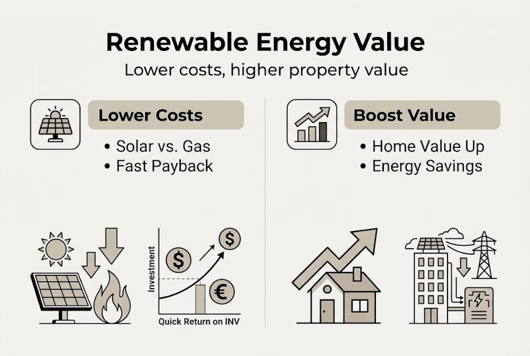 Infographic showing renewable energy cost and value benefits