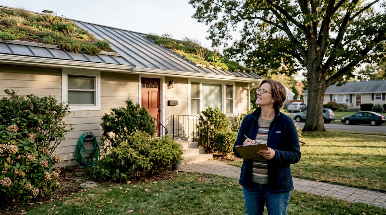 Homeowner checks sustainable roof installation