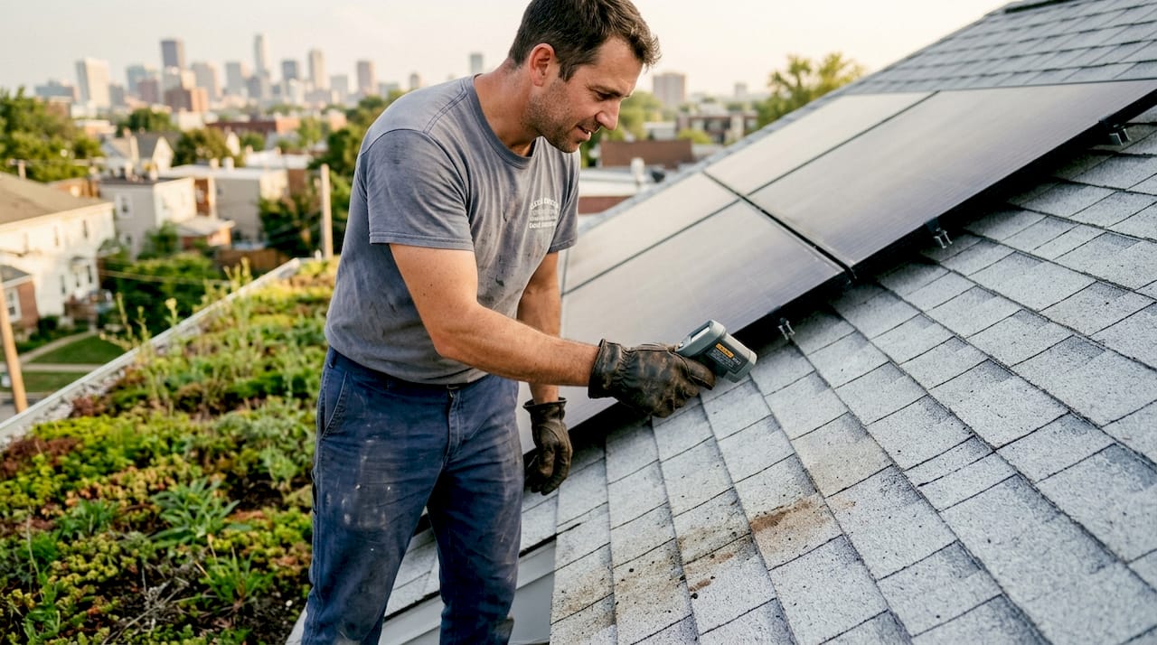 Contractor measures solar roof temperature
