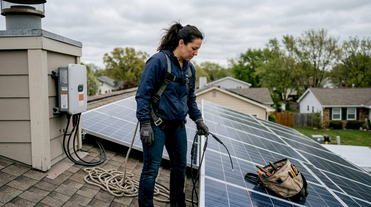 Technician inspecting rooftop solar string inverter