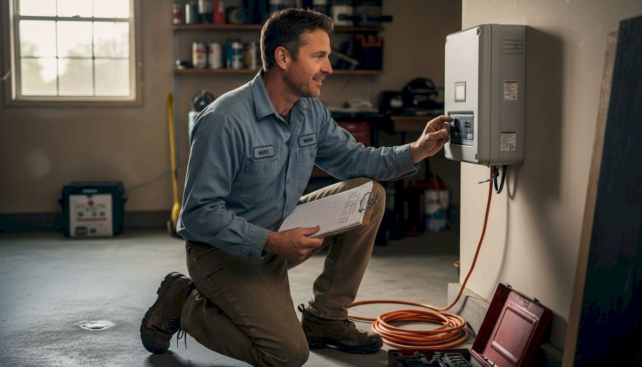 Electrician checking wall-mounted solar inverter