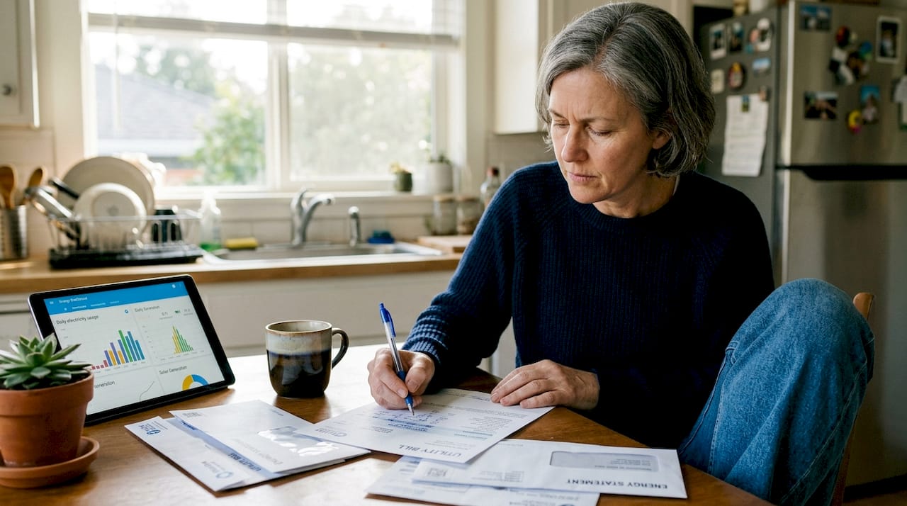 Homeowner reviewing solar energy savings bills