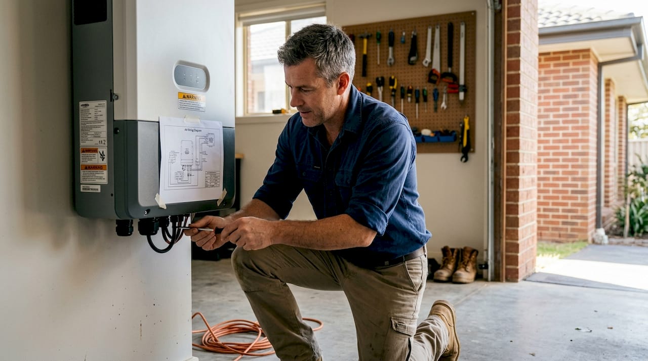 Technician installing solar inverter in garage